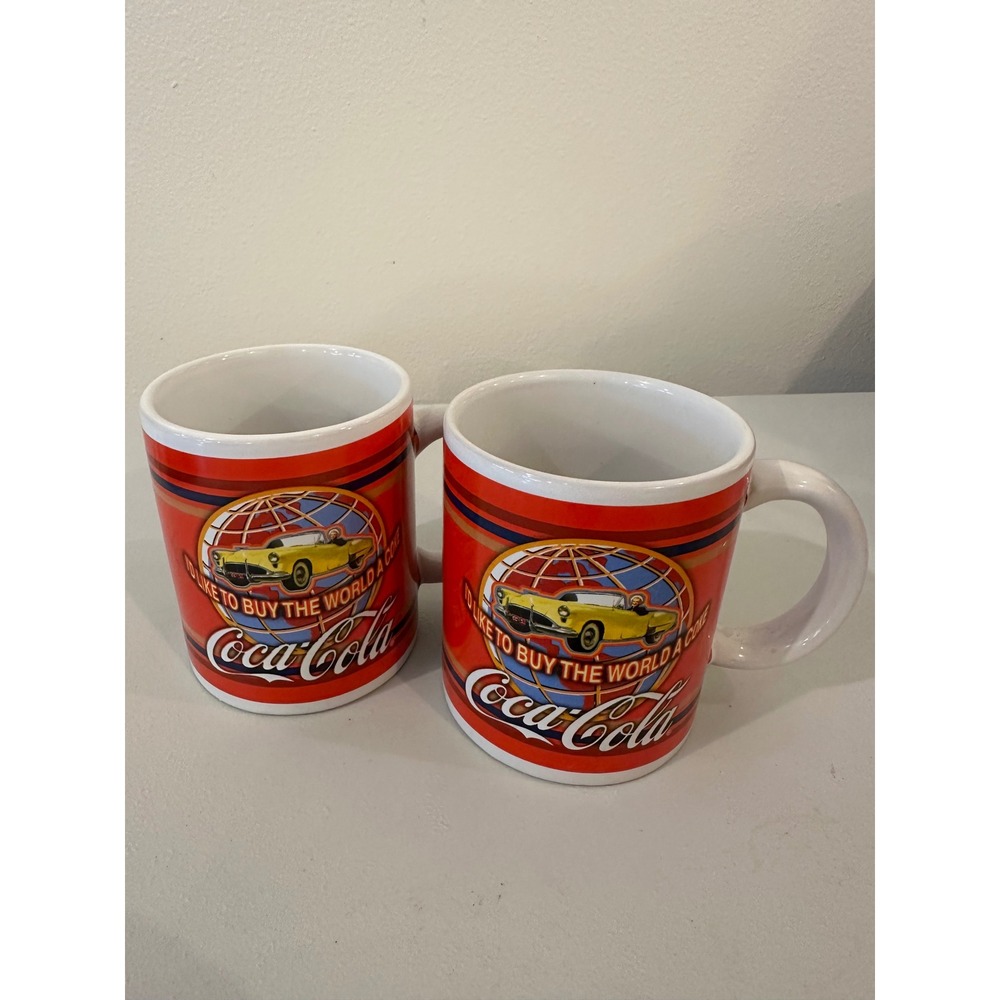 2002 Coca-Cola Mugs Set of 2 I'd Like to Buy the World a Coke Houston Harvest